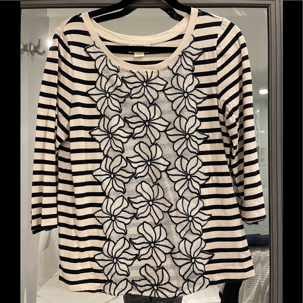 maeve (anthropologie) navy and cream striped shirt with flower panel, size M